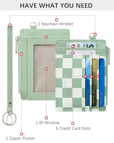 Image of BOSTANTEN Small Wallet For Women RFID Leather Credit Card Holder Slim Wristlet Keychain Wallet With Zipper Pocket, Mint Green Checkered