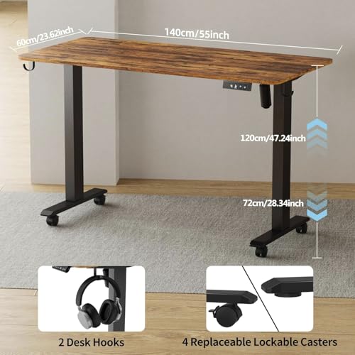 Standing Desk 55 x 24 inch, Electric Height Adjustable with Splice Board, Stand Up Desk, Sit Stand Desk Computer Desk for Home Office, Black Frame/Rustic Brown Top