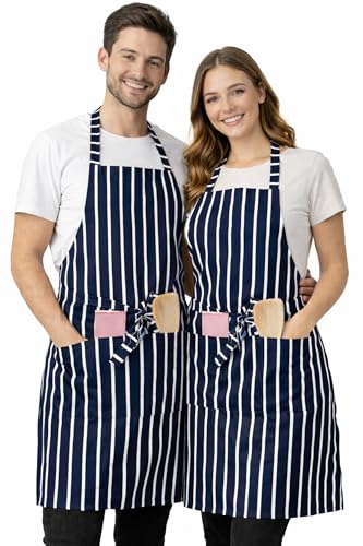 IBEX Polycotton Stripe Butcher Bib Apron with Pocket, Professional Home Kitchen Apron for Restaurants, Bar Staff, Chefs, Waiters, Caterers, Baking, Navy/White