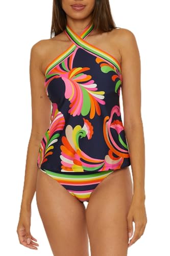 Trina Turk Women's Anniversary Stripe Reversible High Neck Tankini, Adjustable, Tie Back, Swimsuit Tops