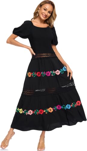 Image of Women's Summer Maxi Dress Casual Floral Embroidered Round Neck Short Sleeve Ruffle Tiered Dress Flowy Boho Beach Sundress
