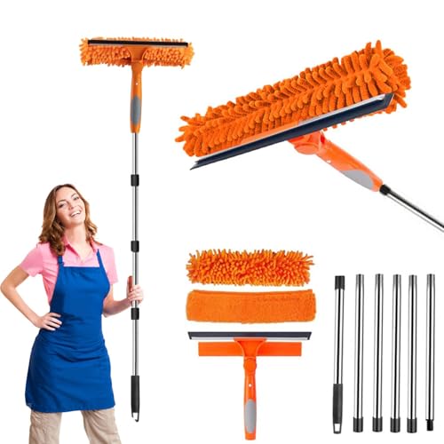 Limpiacristales con Mango Extensible(250cm), Limpiador de Ventanas con Escobilla de Silicona & 2 Paños de Microfibra, Kit de Limpieza de Cristal, para Ducha de Casa, Vidrio, Coche, RV (Naranja)