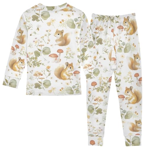 Watercolor Lovely Little Squirrel Cute Pajama Sets Long Sleeve Top and Pants, Snug Fit Sleepwear for Night Wears2