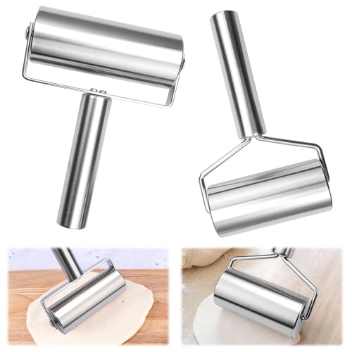 2 Pièces Rouleau à Pâte Petit en Acier Inoxydable 430, Rouleau a Patisserie avec Manche, Antiadhésif Rouleau à Pâtisserie Petit, Lisse Petit Rouleau à...