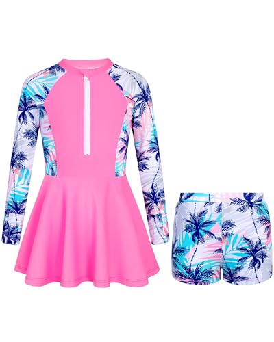 Image of HOZIY Girls Long Sleeve Swimsuit Two Piece Rash Guard Dress with Swim Shorts Front Zip for Kids Tween Teens UPF 50+
