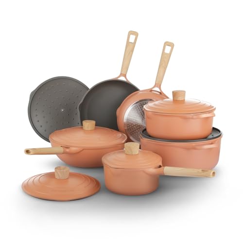 KASANOVA 12Pcs Pots and Pans set, Nonstick Cookware set, Die-cast Aluminum cookware, Kitchen Induction Pots and Pans cooking set, Lid design, PFOA-free, Orange Pink (Pink)