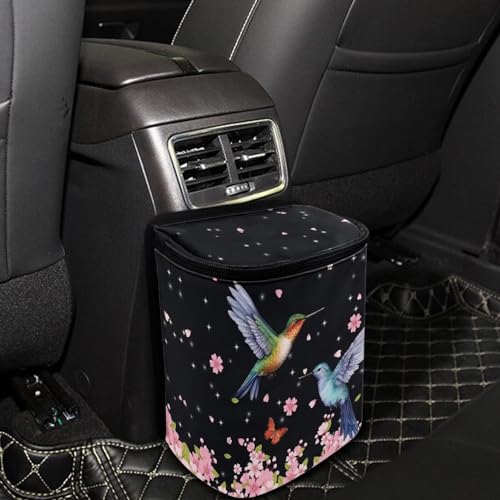 Image of Pink Cherry Blossom Hummingbirds Car Trash Bin Interior Accessory Lightweight Auto Garbage Can Bag for Back Seat Washable Mini Car Trash Can with Lid