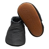Mejale Baby Leather Soft Rubber Sole Shoes Infant Crawling Toddler Moccasins Walking Anti-Slip Newborn Gifts Slippers(Black, 6-12 Months, M)