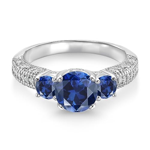 Gem Stone King 925 Sterling Silver Blue Created Sapphire and White Moissanite Engagement Ring For Women (2.18 Cttw, Round 7MM and 4MM, Available In Size 5, 6, 7, 8, 9)2