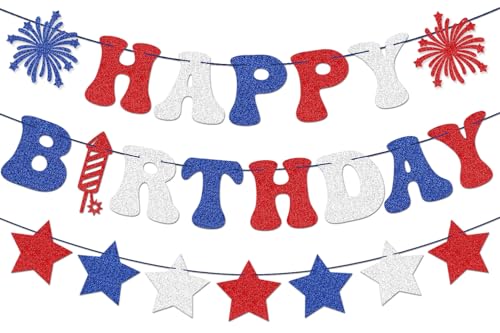 Image of 4th of July Happy Birthday Banner - Red, White + Blue Paper Glitter, 4th of July Birthday Decorations, USA Stars Banner, America Independence Day Veterans Day Birthday Party Favors