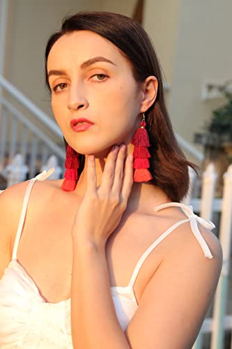 Eigso Women 3-9 Pairs Colorful Long Tassel Thread Ball Dangle Earrings Boho Black Red Sequin Drop Earrings3