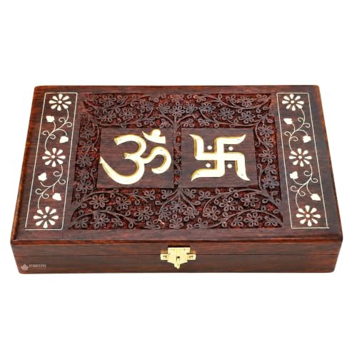Image of Exquisitely Hand Brass-Filled Wooden OM Box for Good Luck| Jewellery Box (11X7 Inches, Dome)