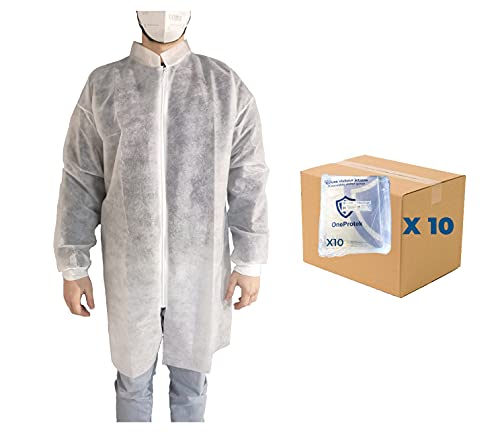Lot de 10x 10 Surblouse jetable visiteur OneProtek - Taille XXL - Fermeture éclair - Blouse blanche manche longue - Poignets jersey - Polypropylène 25 gr Cover