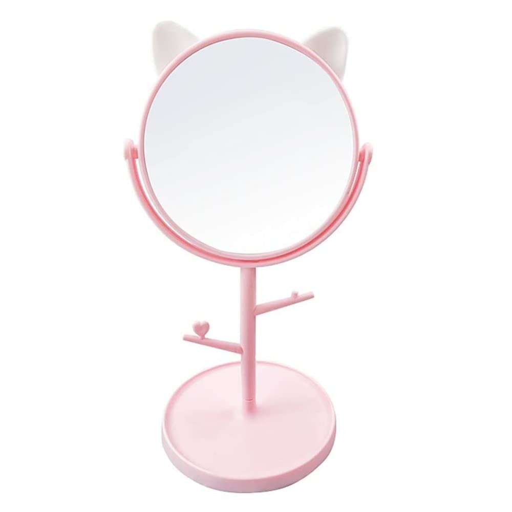 Cute Makeup Mirror with Stand - Makeup Vanity Standing Mirror for Dressing Table Small Round Aesthetic Mirror in White and Pink Cat Ears- Kawaii Style Desk Mirror (Pink)-image-6