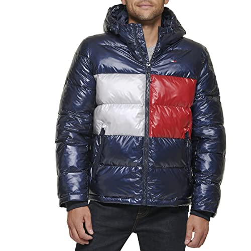 Tommy Hilfiger Men's Hooded Puffer Jacket (Standard and Big & Tall) Down Alternative Coat, Pearlized Navy Tommy Flag, S