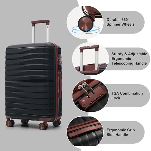 Image of Hardside Luggage Sets, Lightweight Wave Suitcase with Spinner Wheels, PP Black