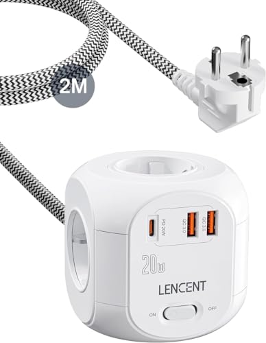 LENCENT Mutipresa Cubo con Cavo da 2M, PD20W Presa Alimentatore con 4 prese AC, 2 USB A e 1 Tipo C, Ciabatta Elettrica Multiplo USB con Interruttore, Presa Ciabatta e Caricatore USB per Casa e Ufficio