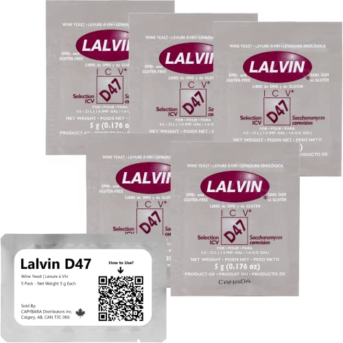 Lalvin D47 Levadura de Vino (5 Paquetes) - Levadura de Hidromiel - Haga Vino Hidromiel Sidra Kombucha en Casa - Sachets de 5 g - Saccharomyces cerevisiae - Vendido por CAPYBARA Distributors Inc.