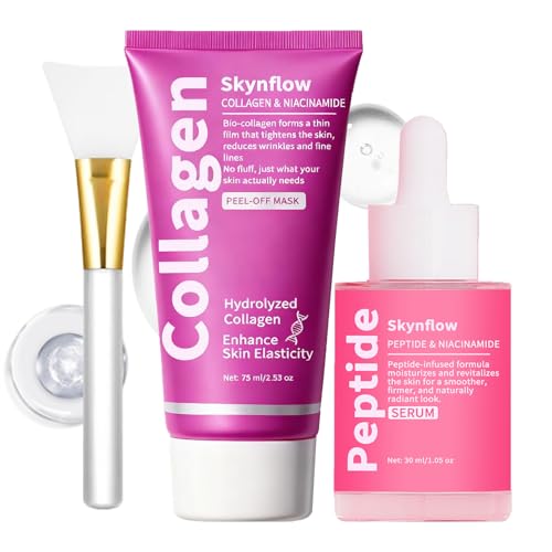 SKYNFLOW Collagen Face Mask + Plumping Peptides PDRN Serum Overnight Hydrolyzed Peel-Off Mask Niacinamide Restoring Skincare Set Reduce Wrinkles Tighten Fine Lines Even Skin Tone (1 Set)
