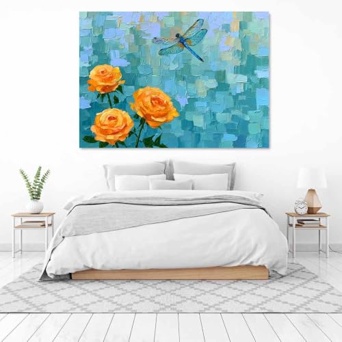 Toile libellule jaune rose grand format pour réveiller un mur blanc