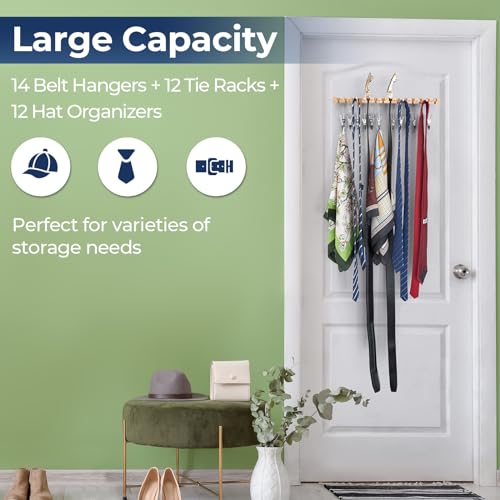 Ohuhu 3 in 1 Belt Hanger Tie Rack Hat Organize for Closet Storage with 14 Belt Slots 12 Tie Hangers 12 Hat Clips Wall Mount Belt Display Space Saver for Men Women Belt Tie Hat Accessories by Ohuhu - Image 4