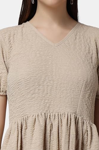 Image of POPWINGS Casual Self Crush Design Solid Knee Length Blouson Peplum Dress for Women || Stylish Summer Dress for Women || Knee-Length Dress for Women || V-Neck Dresses for Women