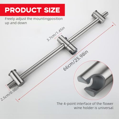Image of HASTHIP Shower Slide Rail, 25.9'' Stainless Steel Shower Head Bar Holder, Variable with Height and Angle Mounting Brackets, Handheld Shower Head Holder for Bathroom, No Drill Installation