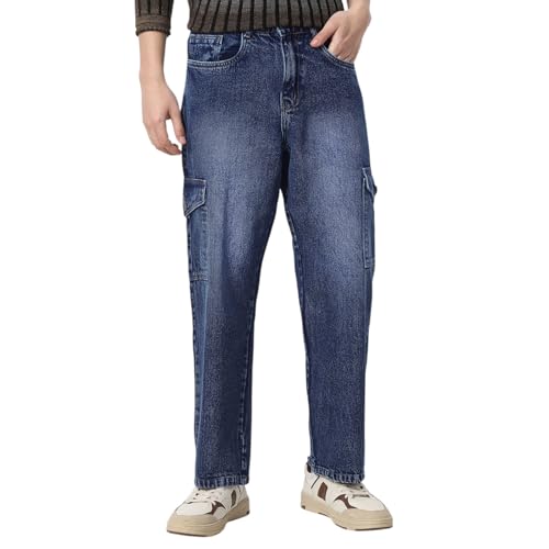 Image of Neostreak Men's Loose Baggy Fit Washed Cargo Jeans with 6 Pockets Non-Stretchable