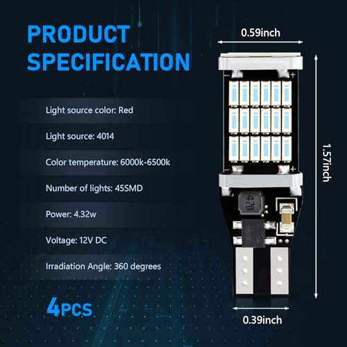 Ajxn 4 PCS T15 Waterproof LED Brake Light, 4014 45SMD 360° Lighting Decoded Infinite High Bright Quick Response Reversing Light, 12V DC Energy Saving Turning Light, Fits Most Car Models (Red)