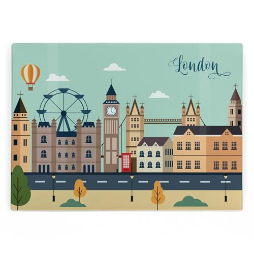 London - Protector de encimera rectangular grande de cristal, diseño de bloques, regalos de vacaciones de la ciudad británica, tabla de cortar y cortar suave con patas antideslizantes, 39 cm x 28,5 cm