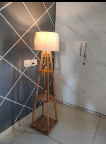 Generic Wooden Floor Lamp with Shelves, Tripod, Brown - Image 3
