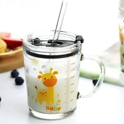 BEDSTEFAR Cartoon Creative Fruit Juice Milk Mug Sipper Mug Glass Tumbler with Lid & Solid Hanlde Cup, Spill Proof Lid for Milk,Tea,Coffee Random Degien (350ml Mug) (1)-image-32