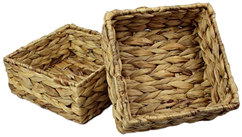 Small Square Water Hyacinth Storage Basket - Natural Wicker Shelf Organiser for Bathroom Makeup & Jewellery (Medium 18cm, 2 x Basket)