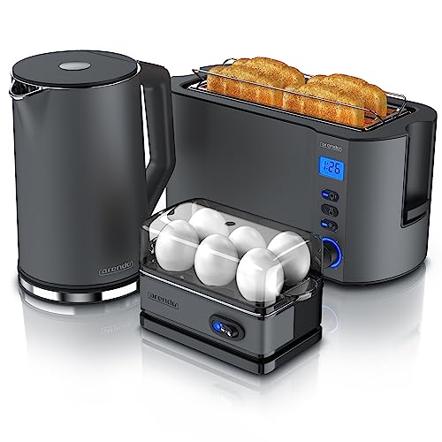 Arendo – Wasserkocher mit Toaster und Eierkocher SET Edelstahl Cool Grey Wasserkocher 1,5L 40°100°C Toaster 4 Scheiben LEDDisplay 6 Bräunungsgrade Eierkocher 1-6 Eier Messbecher