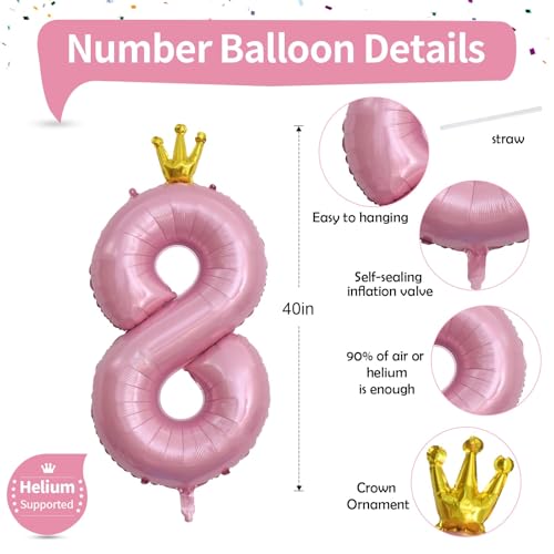 Image of 40 Inch Pearl Pink Number Balloons, Big Crown Foil Number 8 Balloons for Kids 8th Birthday, Pastel Pink Balloon Decorations 0-9 Set for Girls Women Birthday Party Decoration Anniversary Party Supplies