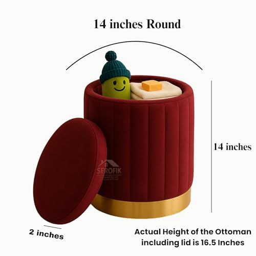 Image of Ottoman Stool with Storage, Round Dutch Velvet Cover Memory Foam Padded 32L Capacity Ottoman Bench Footrest, Pouffe, Office Stool, Makeup Chair, Vanity Chair for Living Room, Bedroom