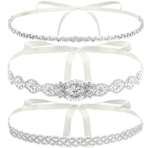 Hiceeden 3 Pieces Rhinestone Bridal Belt, Silver Crystal Bridal Sash with White Ribbon Wedding Dresses Belt for Women, Bride, Bridesmaids, Gown, Party, Prom