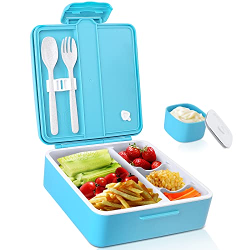 BRIGENIUS Fiambrera Bento Box, Lunch Box Infantil Caja de Bento Saludable sin BPA Fiambrera Infantil con 4 Compartimentos y Cubiertos para Microondas y Lavavajillas-azul