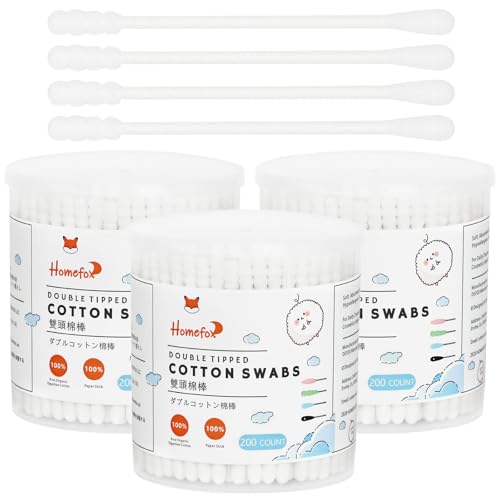 HOMEFOX Cotton Swabs Spiral - 600 Count Organic Cotton Buds Double Side Tightly Wrapped Cotton Tips Paper Stick Soft Gentle Lint-Free Cruelty-Free, Round & Spiral (White)