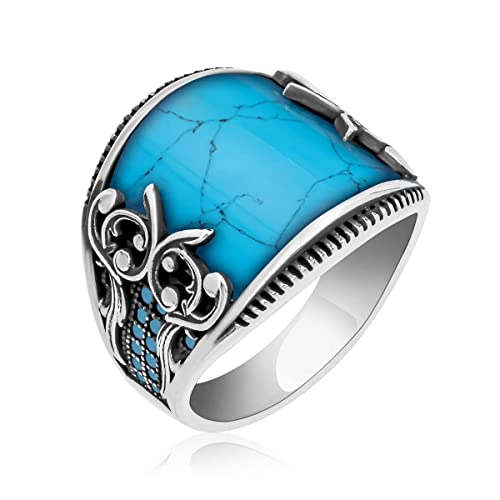 925 Sterling Silver Men Silver Ring With Turquoise Gemstone, Handmade Engraved Silver Ring, Gift For Him, Minimalist Silver Ring (13) #TOP6
