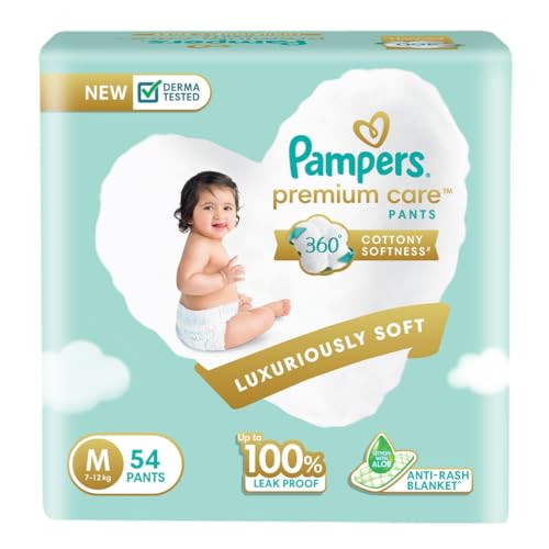Pampers Premium Care Pants Style Baby Diapers, Medium (M) Size, 54 Count, All-in-1 Diapers with 360 Cottony Softness, 7-12kg Diapers