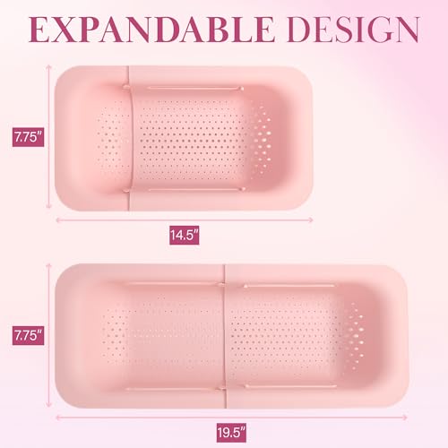Paris Hilton Over the Sink Expandable Colander, Extendable Strainer, Adjustable from 14.5 inches to 19.5 inches, Fits most kitchen sinks, Made without BPA, Pink
