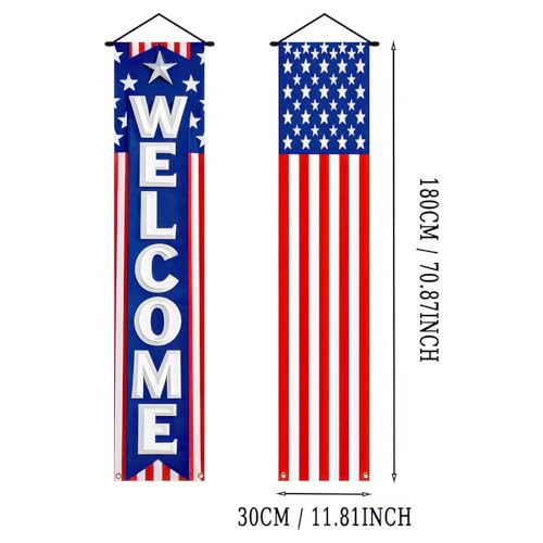 Image of BlissYard 2Pcs Patriotic Decor Welcome Door Banner 4th of July Decorations American Banners Hanging Porch Signs for Independence Memorial Day Veterans Labor Day for Yard Indoor Outdoor Supplies