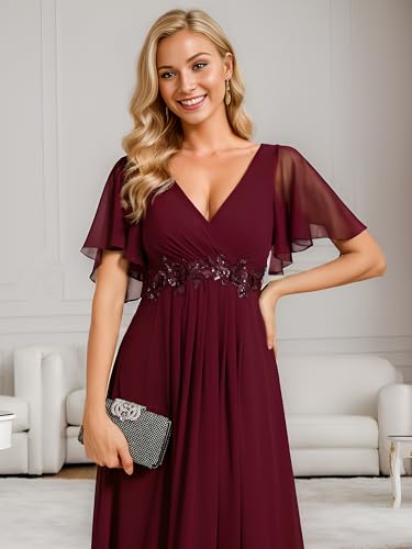 Image of Ever-Pretty Women's Spring Short Sleeve Bridesmaid Dresses V-Neck Chiffon Ruched Empire Waist Appliques Long Formal Dress