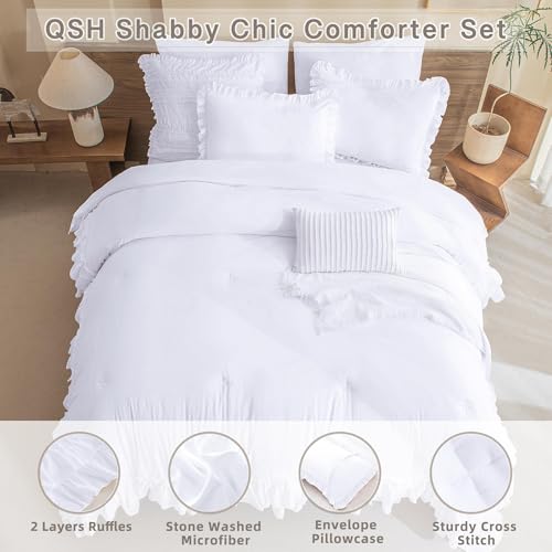 Image of QSH White Ruffled Comforter Twin Size,3PCs Farmhouse Shabby Boho Chic White Bedding Comforter Twin Vintage Lightweight Fluffy Microfiber Bedding Set