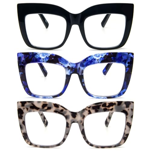 REAVEE 3 Pack Oversized Reading Glasses for Women Thick Large Frame Blue Light Blocking Stylish Computer Readers Spring Hinge,Black Blue Grey 2.5