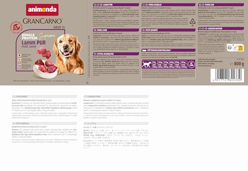 animonda GranCarno Hunde Nassfutter Single Protein Lamm pur (6 x 800g), getreidefreies Hundenassfutter ohne Zucker, für ausgewachsene Hunde, mit frischem Lammfleisch und -Innereien