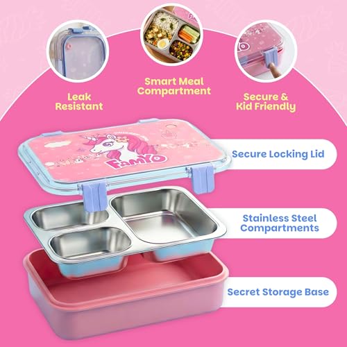 Image of Famyo June Unicorn School Essentials Kit for Kids | Bento Lunch Box + Pencil Pouch Combo | Leakproof 3-Compartment Tiffin Box & Hard Shell Pencil Case