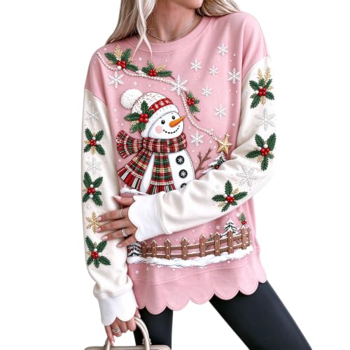 Womens Christmas Sweatshirt Snowman Graphic Scalloped Hem Comfy Pullover | Winter Trends for Women 2026, Christmas, Snowman, Cotton, Cozy, Family, School, Weekend, Everyday, Travel, Casual, Work - image 1