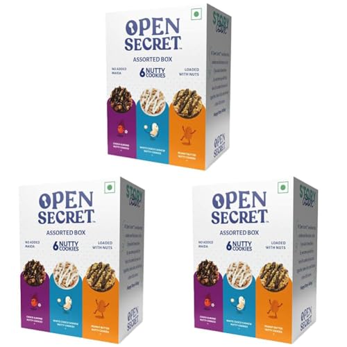 Image of Open Secret Multi Flavor Assorted Story Box with Choco Almond, White Choco Cashew & Peanut Butter Nutty Cookies|No Added Maida| Family Snacks Biscuit | 6 Cookies, 75g (Pack of 3)